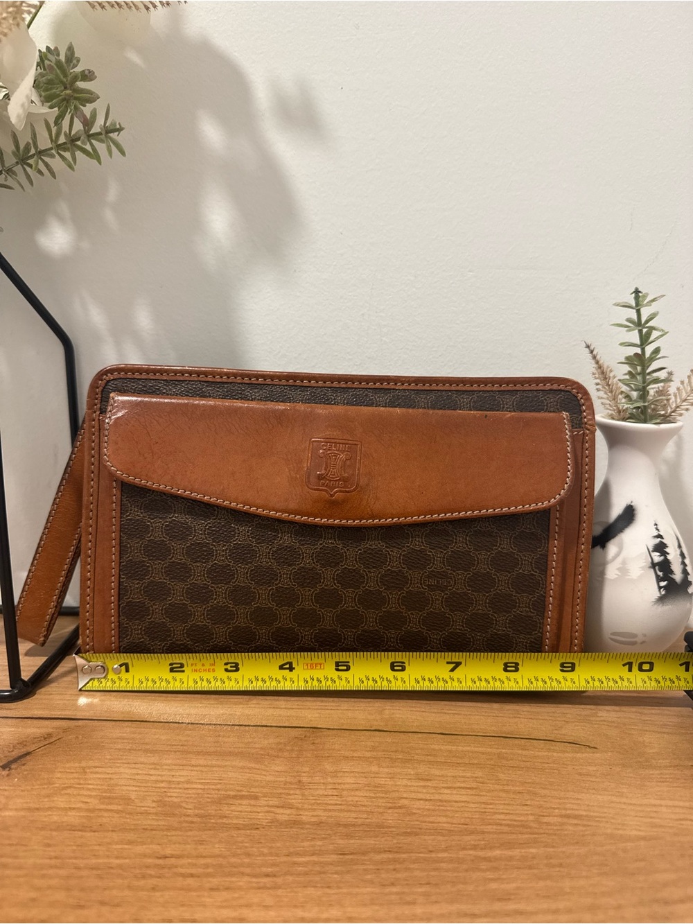 Vintage CELINE Paris Macadam Triomphe Canvas Clutch Bag Brown Leather - Picture 4 of 16